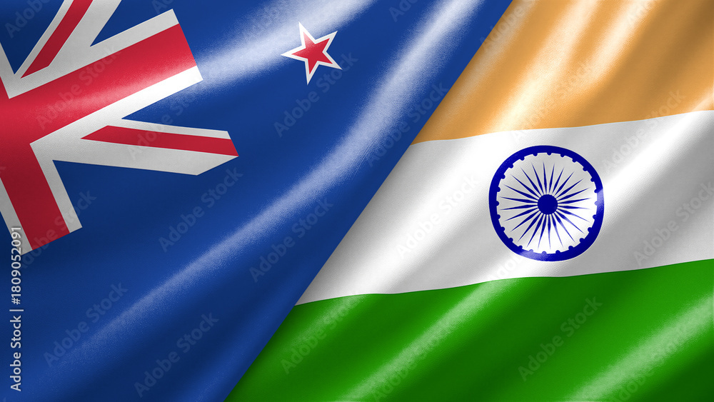 New Zealand and India two national flags filling the entire frame, close-up view, edge-to-edge composition