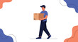 © Ayesha - A friendly delivery man in a blue uniform and cap is walking while carrying a cardboard box on an abstract background.