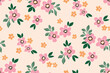 © Yulya i Kot - Seamless floral pattern, liberty ditsy print of simple plants in a cute baby motif. Pretty botanical design of small pink daisy flowers, tiny leaves, simple mini spring bouquets. Vector illustration.