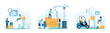 © Iconic Prototype - Paperwork, bureaucracy, data storage and organization of documents set. Tiny people load stack of paper sheets, folders and books with forklift and construction crane cartoon vector illustration