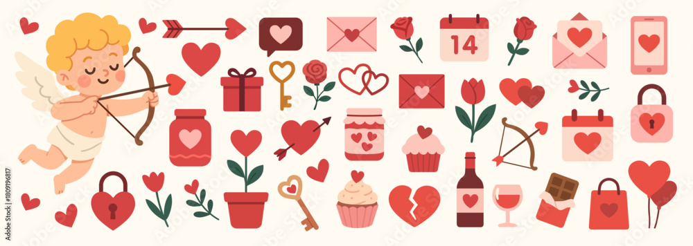 Valentines day elements illustrations vector set. Cute cartoon clipart ...