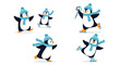© Blythe - A cheerful set of five cartoon penguins wearing cozy blue winter hats and scarves while happily ice skating and playing in the snow.