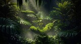 Sunlight filters through the dense canopy of a vibrant tropical jungle, illuminating lush green foliage and creating a mystical, atmospheric scene.