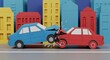 © D-point - Two paper cars crashing on a city street. Concept of car accident, road safety, vehicle insurance claim, and road traffic collision.