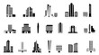 © Waqas - Nine sleek, modern, geometric building icons in precise black-and-white tones, arranged in a meticulous grid layout reminiscent of a professional design set, featuring a diverse array of contemporary