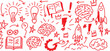 © Mithun - Creative hand drawn doodles of light bulbs, brain, rocket.  Creative ideas and innovation symbols doodle art. A vibrant red doodle illustration featuring symbols of creativity, ideas, and innovation