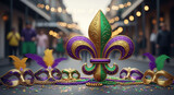 Mardi Gras celebration with fleur de lis symbol and colorful masks on street. Mardi Gras festival features gold, green, and purple colors; bead necklaces; and a lively atmosphere.