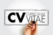© dizain - CV - Curriculum Vitae is a short written summary of a person's career, qualifications, and education, acronym text concept stamp