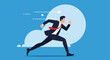 © Muqtadir - A dynamic flat style illustration of a businessman in a suit and red tie running forward quickly symbolizing speed and ambition.