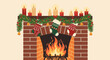 © Yetugraphic - Festive Fireplace with Christmas Stockings and Garland Decoration.