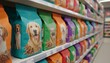 © ANA Stock - Colorful bags of dog food with animal images displayed on supermarket shelves, arranged in rows for pet product variety and choice.