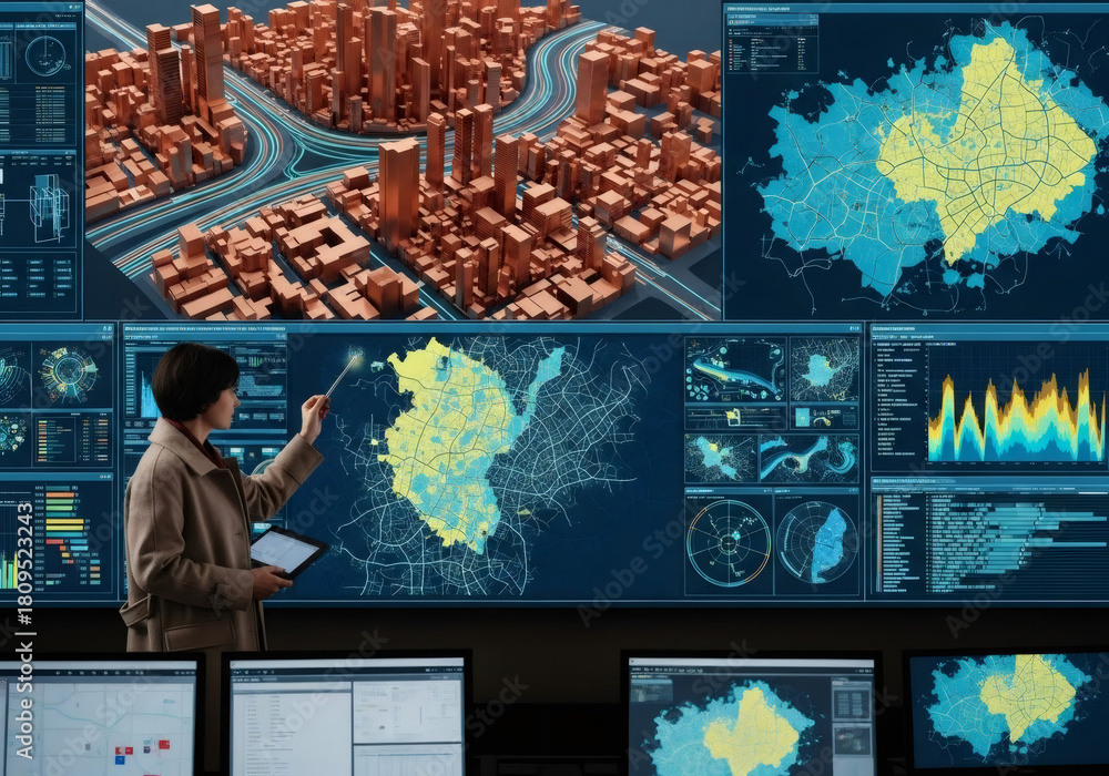 Woman analyzes smart city data on a large screen displaying a 3D city ...