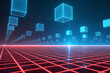 © suleman - Futuristic digital landscape with glowing blue cubes above red grid surface under starry sky. generative ai