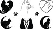 © FatemaAkhter - Elegant black and white feline illustrations. Graceful cat silhouettes, romantic pairs, profiles, hearts, moons, and paw prints for charming design elements