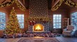 © Kamil - Rustic Christmas log cabin interior with stone fireplace, lit tree and an abundance of wrapped gifts.