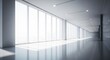 © imammudzakir - Bright, minimalist modern office corridor featuring expansive floor-to-ceiling windows, allowing abundant natural light to illuminate the sleek, reflective interior space
