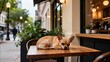 © LI - A tiny Chihuahua dog is curled up and resting peacefully on a wooden table at an outdoor street cafe, enjoying the relaxed atmosphere on a pleasant day.