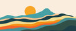 © abcvector - Abstract mountain landscape with layered hills, vibrant sunrise scene, minimalist nature background for wall art and design