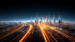© kaliel - A panoramic city view illuminated by flowing orange light trails symbolizing connectivity, infrastructure evolution and digital transformation at scale.