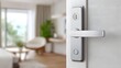 © pkproject - Close up of a sleek silver door handle and lock featuring a keyhole opening into a bright unfocused interior living space with furniture and natural light