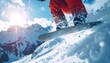 © Hinata - Snowboarder mid-air, bright sun, snowy mountains. Red pants, blue sky. Crisp details and white snow powder surrounds board