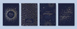 © Nadiia - Set of four navy and gold Christmas and New Year greeting card templates with abstract sparkles, geometric ornaments, and starburst elements. Holiday season concept. Festive design for greeting card