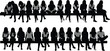 © MstMoksada - Silhouettes of diverse people sitting on benches, men and women waiting in a row, vector illustration isolated on white background.