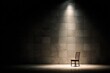 © River Girl - A solitary empty chair in a dim courtroom, harsh overhead light creating deep shadows, evoking a sense of anticipation and justice