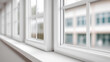 © Denis Yevtekhov - Three panel aluminum casement window defocused white wall, faceless window display, installation visualization detail, blurred clean background, modern window concept, residential
