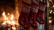 © Maksym - Close-up of three plush crimson stockings hanging neatly over a warm, glowing hearth, soft textures visible with subtle embroidered details and cozy ambient lighting.