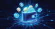 © Joko - Futuristic crypto wallet with floating digital tokens. Virtual blockchain wallet filled with cryptocurrencies. Secure e-wallet storing multiple crypto assets