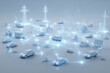 © belavinstock - Futuristic electric vehicle network visualization showing connected cars, smart grid elements and renewable energy sources in a clean minimal 3D style