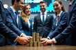 © Yuliia - Circle of Business Professionals Holding Hands with Large Stack of Coins
