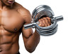© MissBeauty - a muscular man lifting a chrome dumbbell with a focused expression showcasing strength and fitness on transparent background high quality professional detailed modern