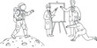 © Yana - Monochrome vector illustration depicting an astronaut on the moon presenting a scientific concept to researchers in a collaborative setting