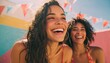 © ЮРИЙ ПОЗДНИКОВ - Two friends laughing joyfully in vibrant summer attire, enjoying a sunny day outdoors with colorful decorations in the background, capturing the essence of friendship and happiness