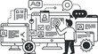 © Yana - Modern flat vector illustration of a business professional analyzing user data and feedback through multiple digital devices and interfaces