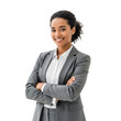 © sujon1638 - Confident young woman in a sharp grey suit and white shirt with arms crossed smiling warmly isolated on transparent background