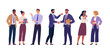 © nadzeya26 - Business Team Collection. Vector cartoon illustration of a group of diverse businesspeople standing together, communicating, shaking hands, and discussing work tasks. Professional office characters.