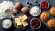 © Evgeniia - Muffin baking ingredients including flour, eggs, butter and berries, creative kitchen composition. Ideal for recipe book or web site, culinary blog and menu