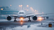 © Kateryna - Commercial aircraft on tarmac during whiteout conditions faceless aviation scene defocused soft blurred airport background weather challenge runway blizzard flight delay