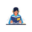 © M4rt - A young woman intently reads a book while wearing headphones, focused on learning.