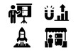 © Александр Михайлюк - Startup Icons Showcase. Solid style icons of startup and commercialization: business pitch with fridge icon, investment chart for