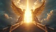 © Maryna - Grand staircase leads to golden angelic wings atop columns reaching towards bright divine light. Majestic entrance to heaven gates symbolizes afterlife journey, hope, and celestial passage.