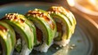 © BARSON - Close up vibrant sushi rolls topped avocado eel sauce sesame seeds