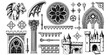 © Peahen - Intricate Gothic Architectural Elements Vector Set: Gargoyle, Rose Window, Arch, Column, Ornament, and Medieval Castle Details. Vintage Engraving Style Design