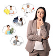 © New Africa - Young woman thinking about career options on white background. Thought bubbles with people of different occupations near her. Choice of profession