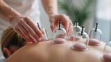 close up of transparent cupping therapy cups applied to a person’s back during a wellness treatment in a calm therapeutic setting