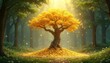 © Maryna - Illustration features gold money tree in enchanted forest. Golden coins cascade from tree. Nature scene conveys abundance wealth prosperity. Concept embodies luck feng shui. Artwork perfect for