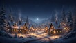 © Igor_Tichonow - Snowy village under moonlight with cozy cottages decorated with Christmas lights creating festive winter holiday atmosphere in peaceful mountain landscape